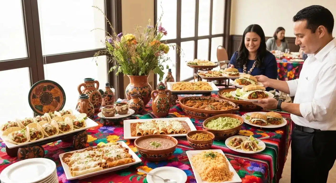 Catering setup with a variety of Mexican dishes at a festive event