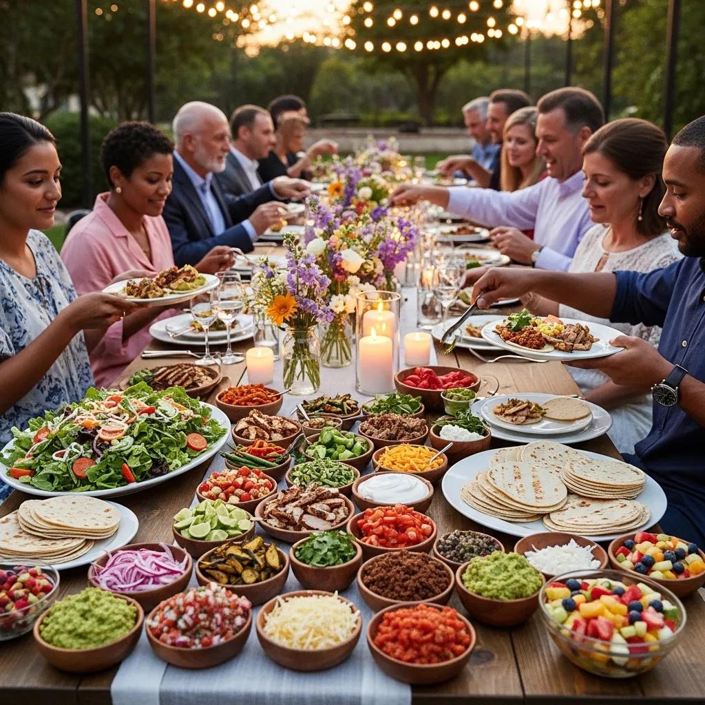 Tasty taco bar and family-style platters set up for a budget-friendly wedding in Eureka, CA