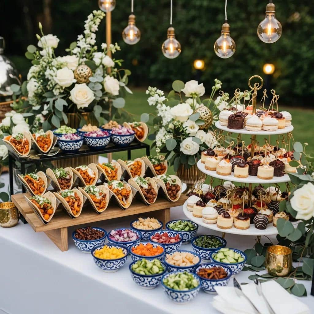 Elegant wedding catering display with assorted dishes and floral decorations