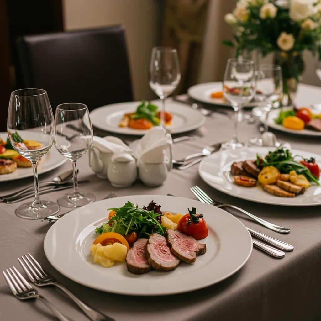 Elegant wedding catering setup featuring a beautifully plated multi-course meal and tasteful decorations