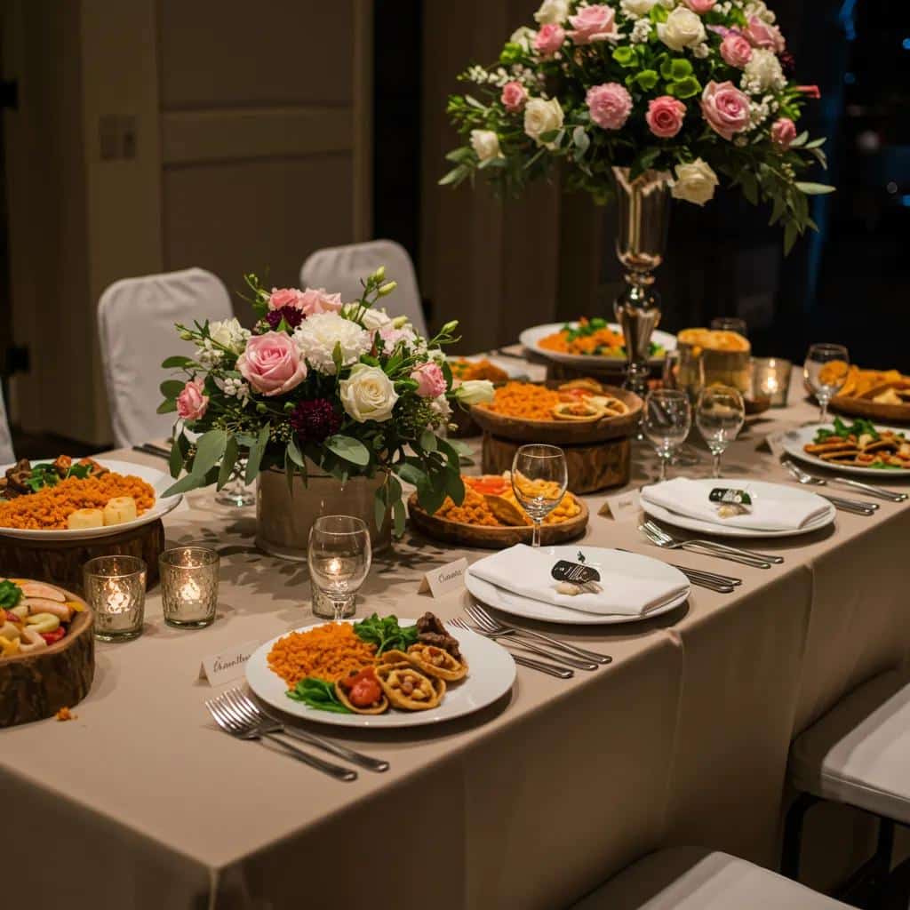 Wedding catering with Mexican dishes and tasteful decorations