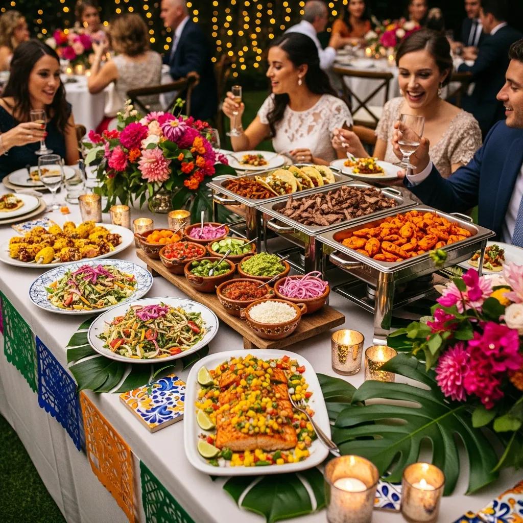 Beautifully presented wedding catering with plated Mexican dishes and decor