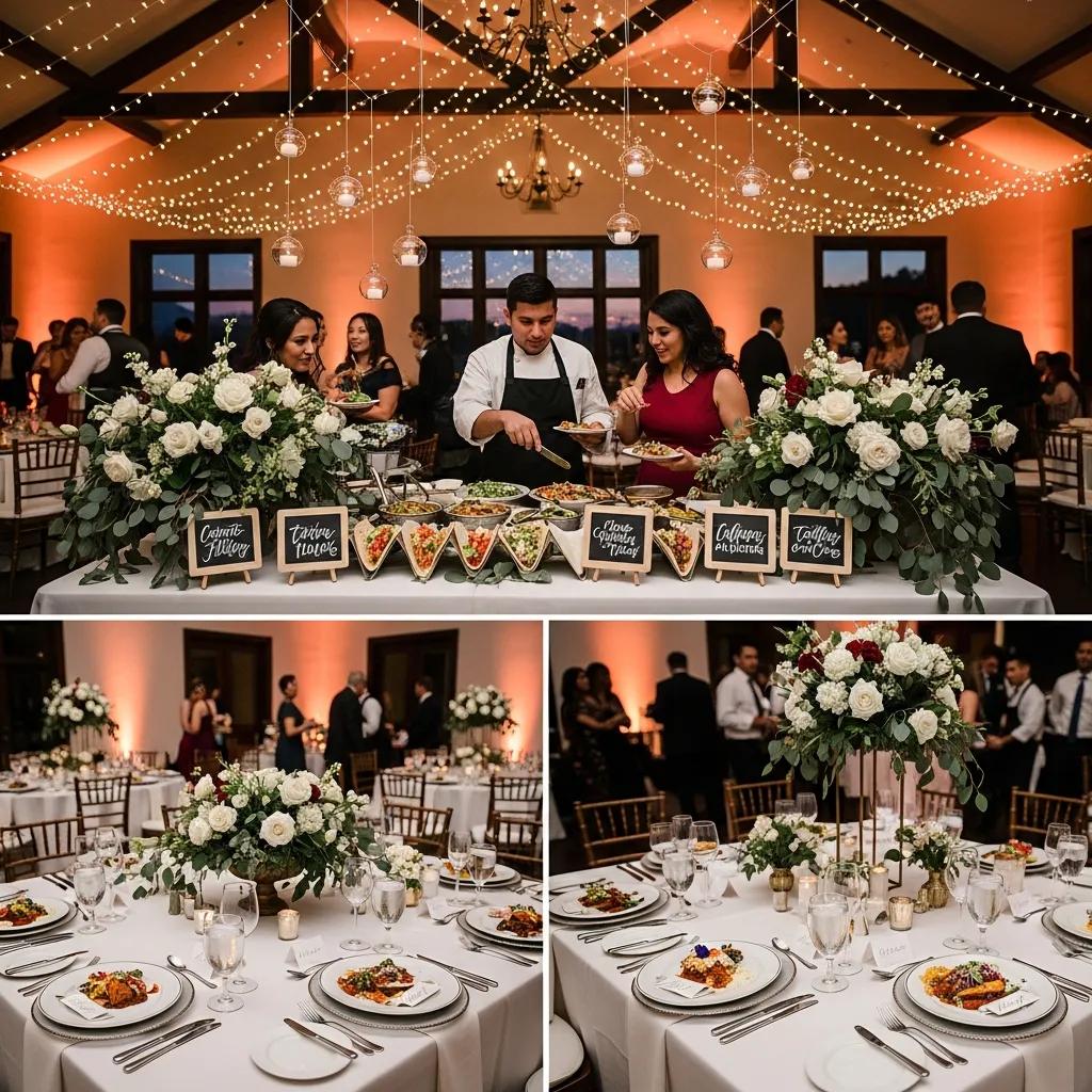 Romantic wedding reception with a taco station and plated Mexican dishes