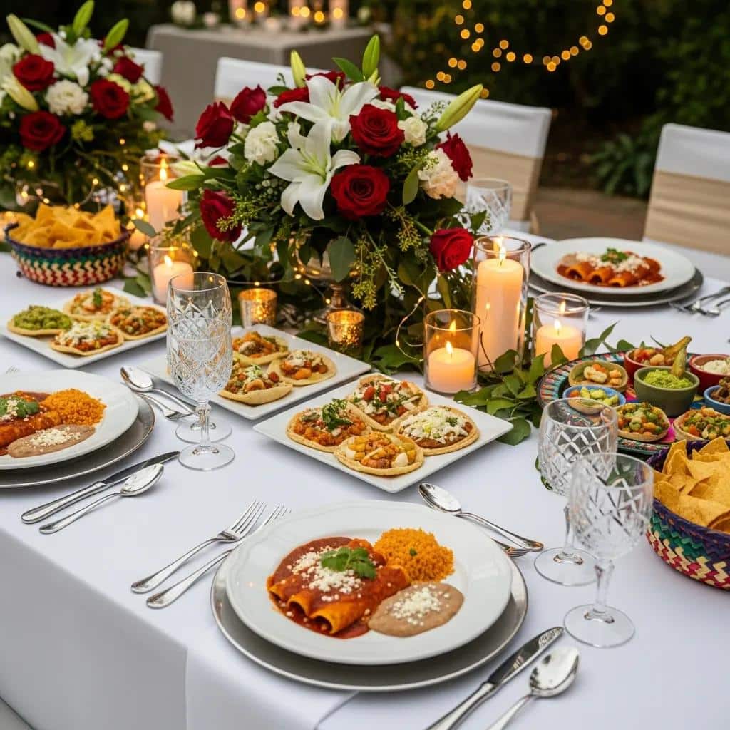 Elegant wedding table set with Mexican catering dishes, flowers, and candles