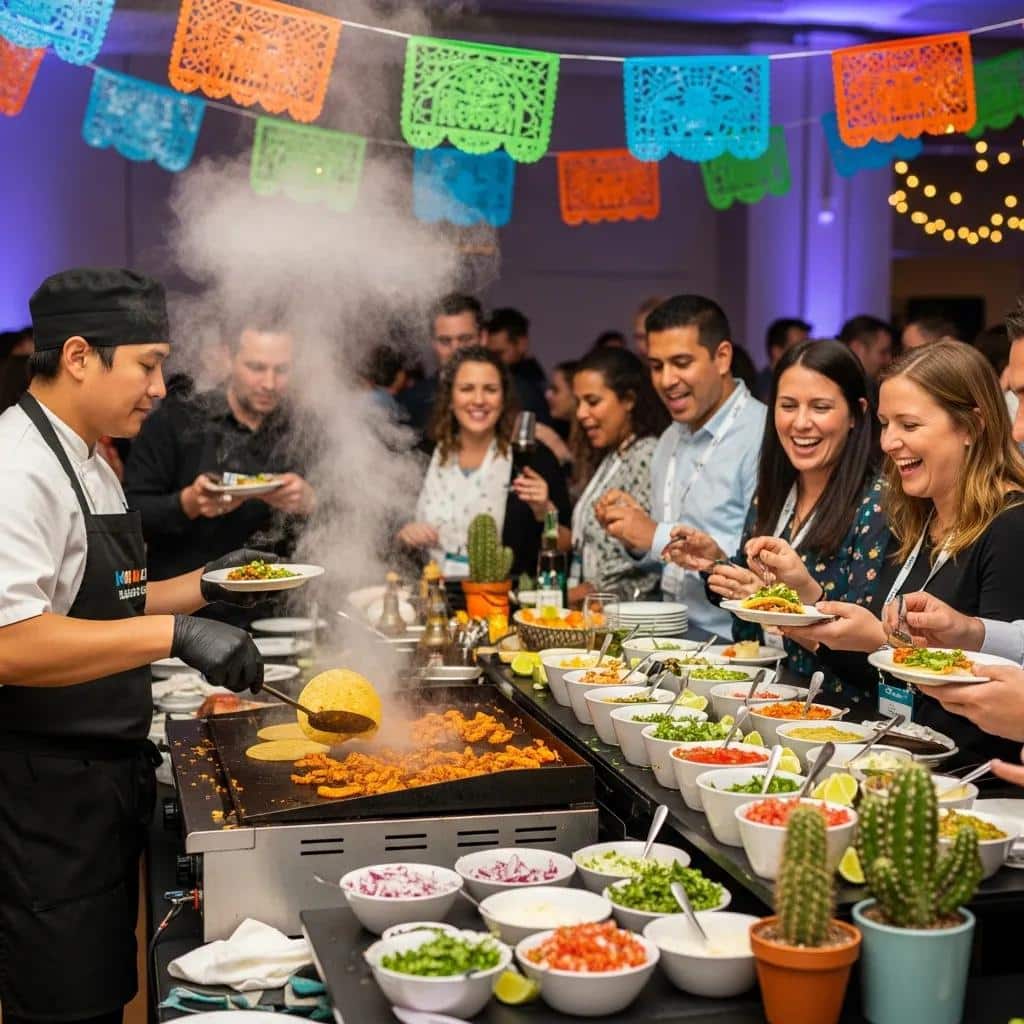 Engaged attendees at a live taco bar during a corporate event, showcasing experiential catering