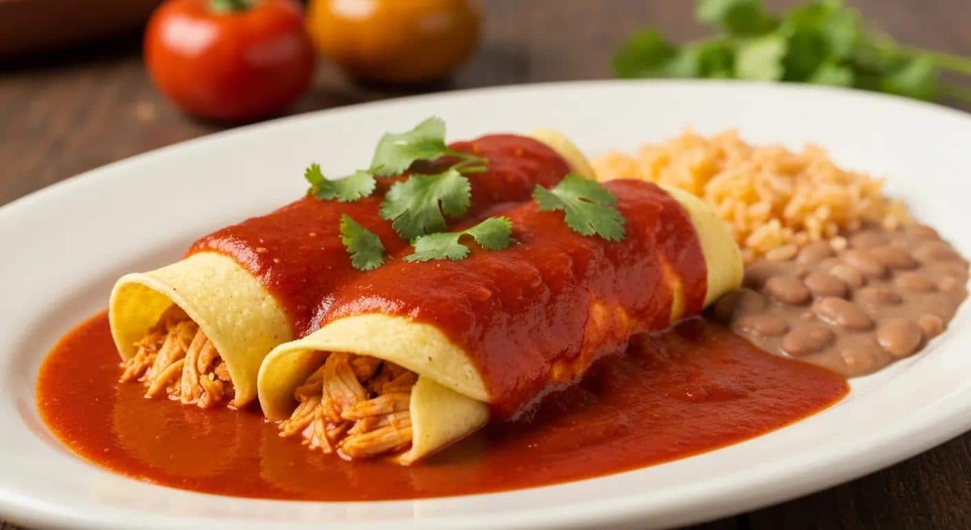A plate of enchiladas bathed in rich red chile sauce, highlighting their delicious flavors and traditional Mexican presentation