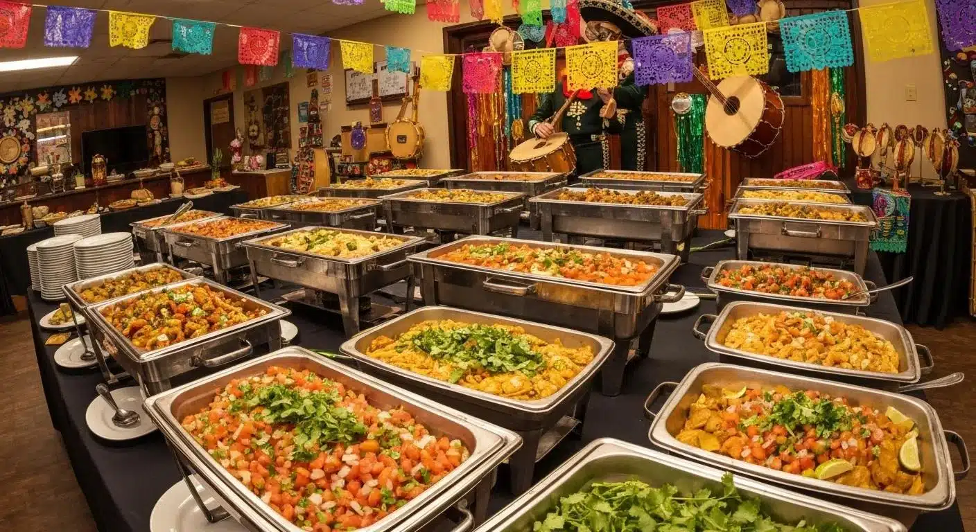 A festive catering setup showcasing a variety of Mexican dishes, highlighting Esmeraldas 2.0's quality and community involvement