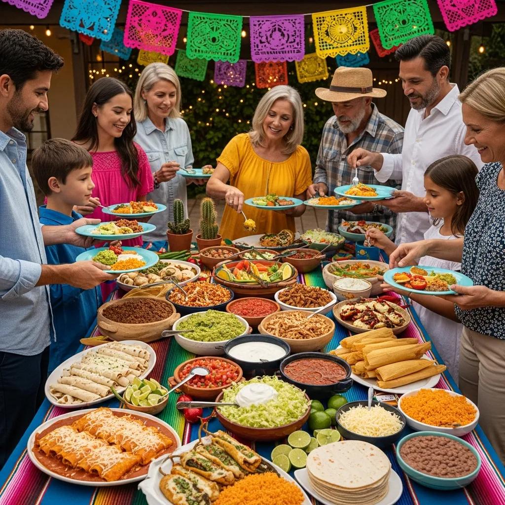 Family enjoying a casual buffet-style Mexican catering spread with tacos and platters