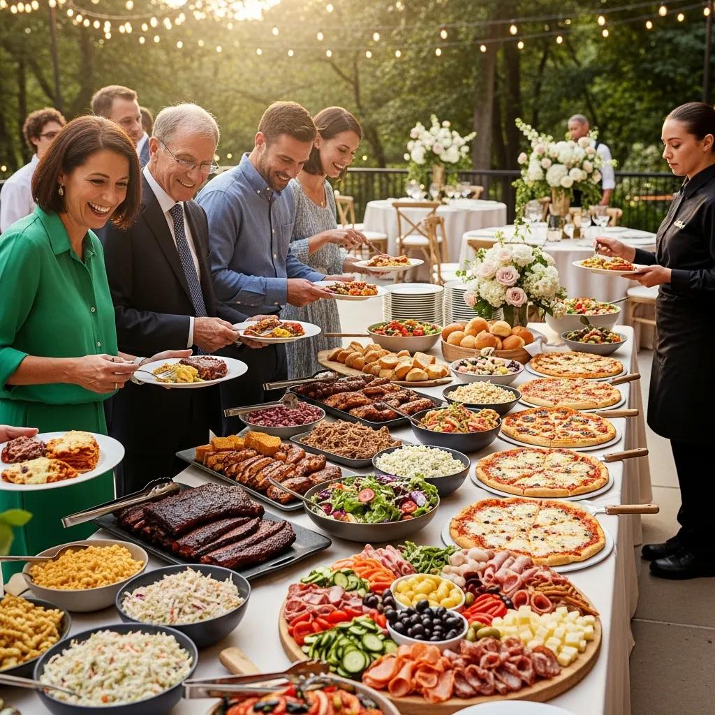 Guests serving themselves from a buffet at a wedding, showing a variety of catering options
