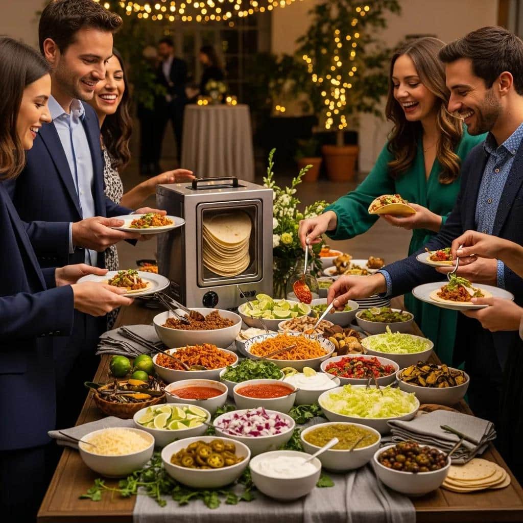 Guests building tacos at a lively, personalized taco bar