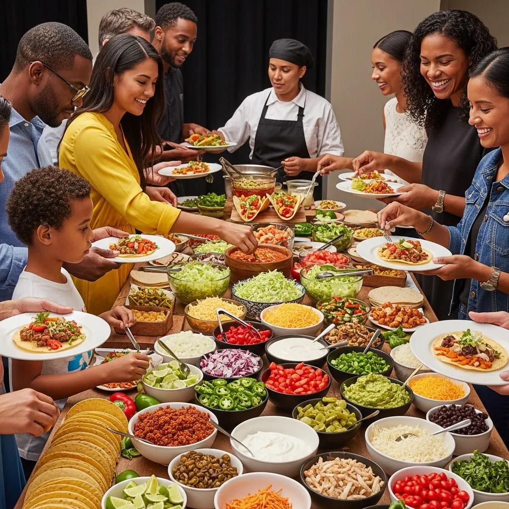 Guests customizing tacos at an interactive taco bar with fresh ingredients at an event