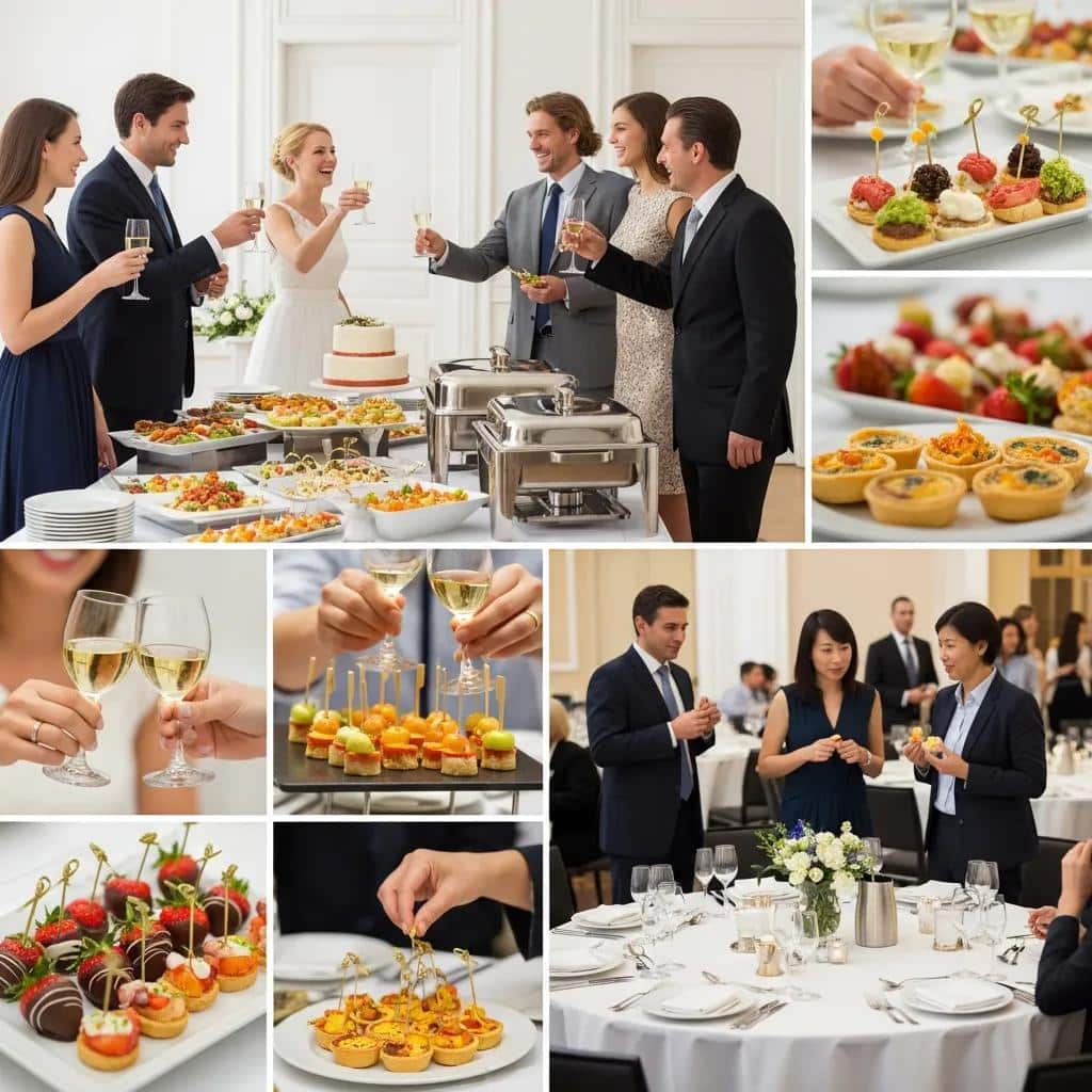 Guests enjoying a catered event with smiles and shared plates