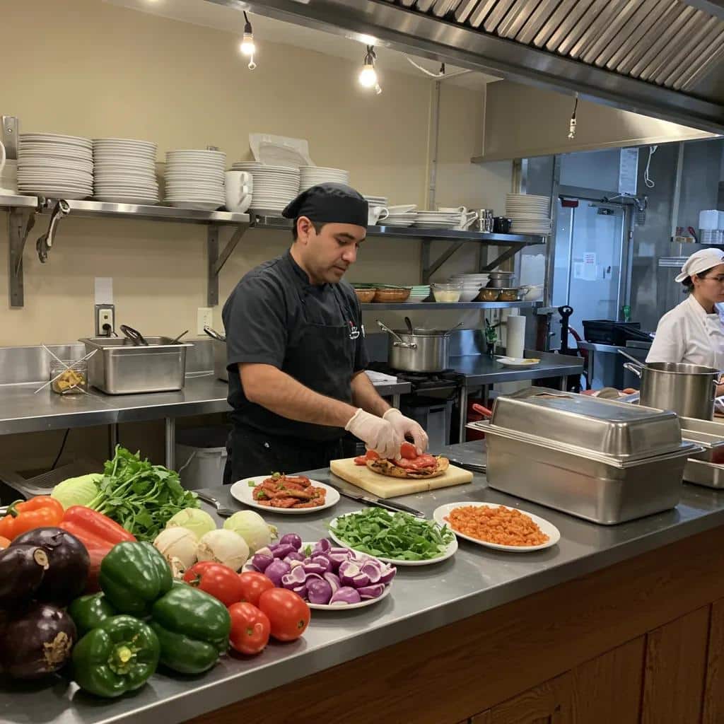Local caterer in Eureka plating fresh Mexican dishes in a friendly kitchen