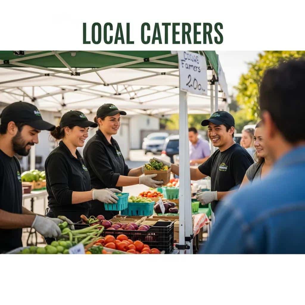 Local caterers picking fresh produce at a Eureka farmers market to support nearby growers
