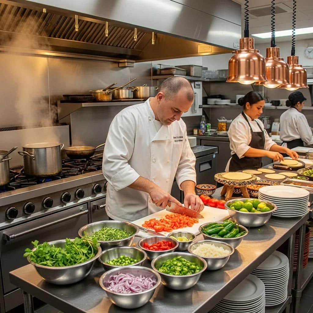 Caterer plating authentic Mexican dishes in a professional kitchen