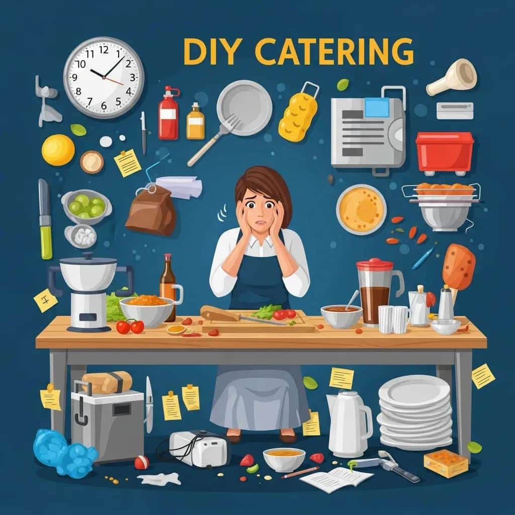A host struggling with DIY catering and last-minute prep