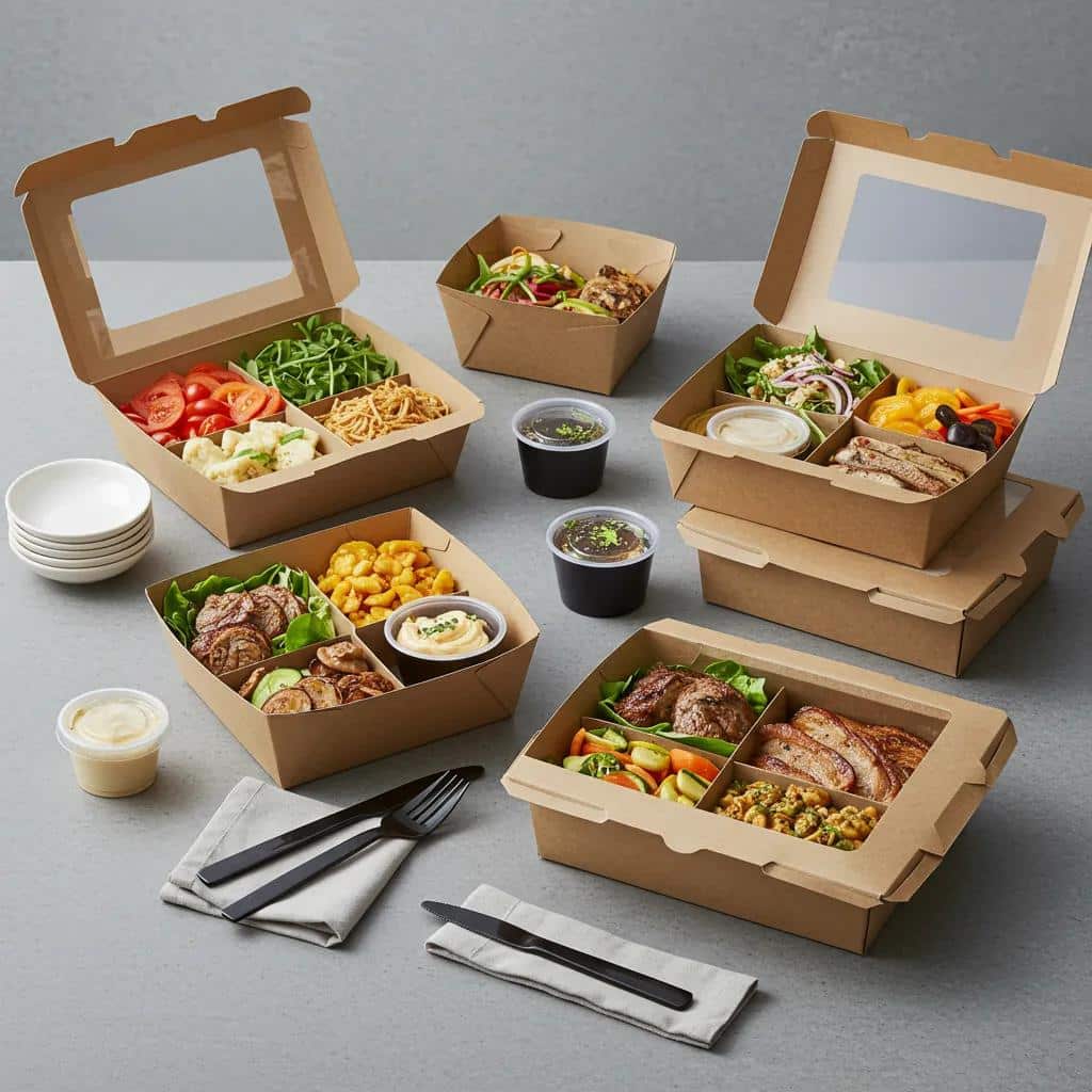 Assortment of boxed lunches for corporate catering, showcasing fresh ingredients and clear labeling