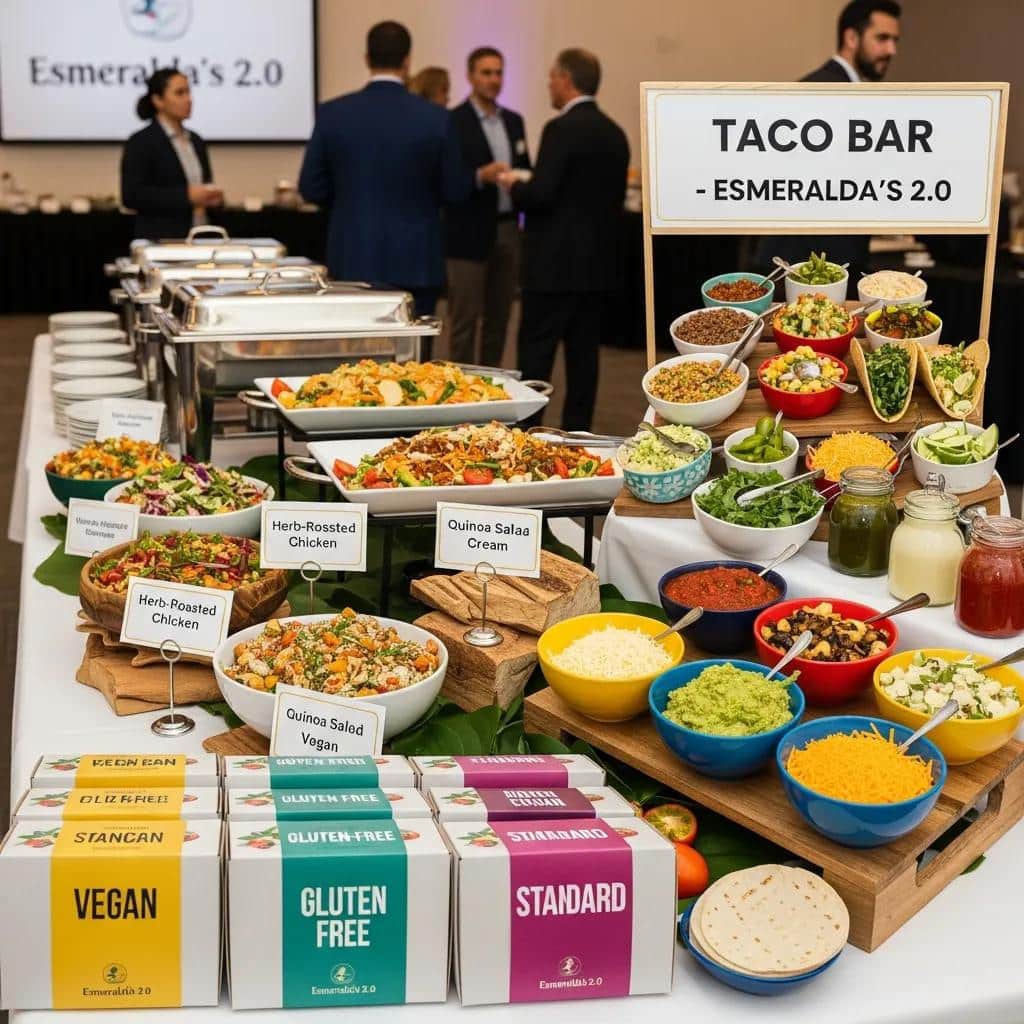 Variety of catering packages from Esmeralda's 2.0 including boxed lunches and taco bar in a corporate setting