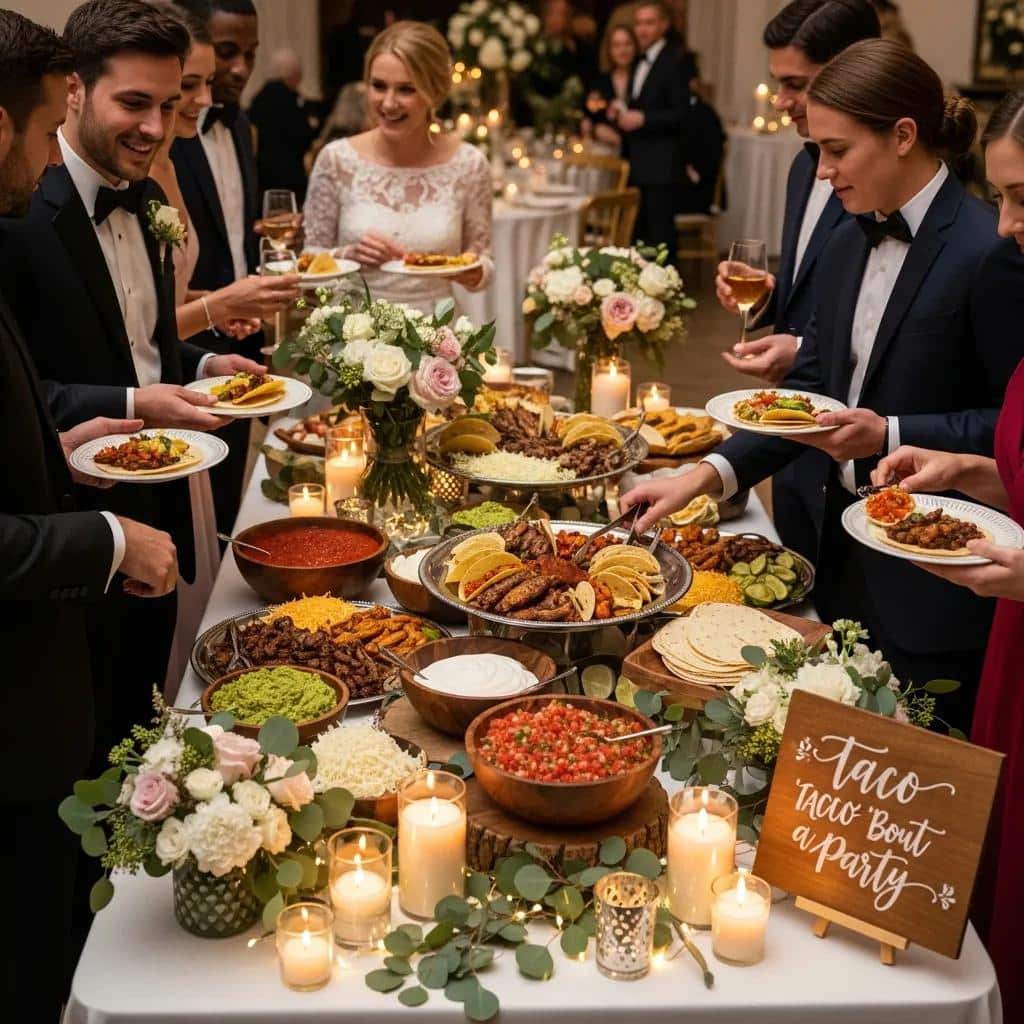Wedding reception taco station where guests customize tacos in a festive setting