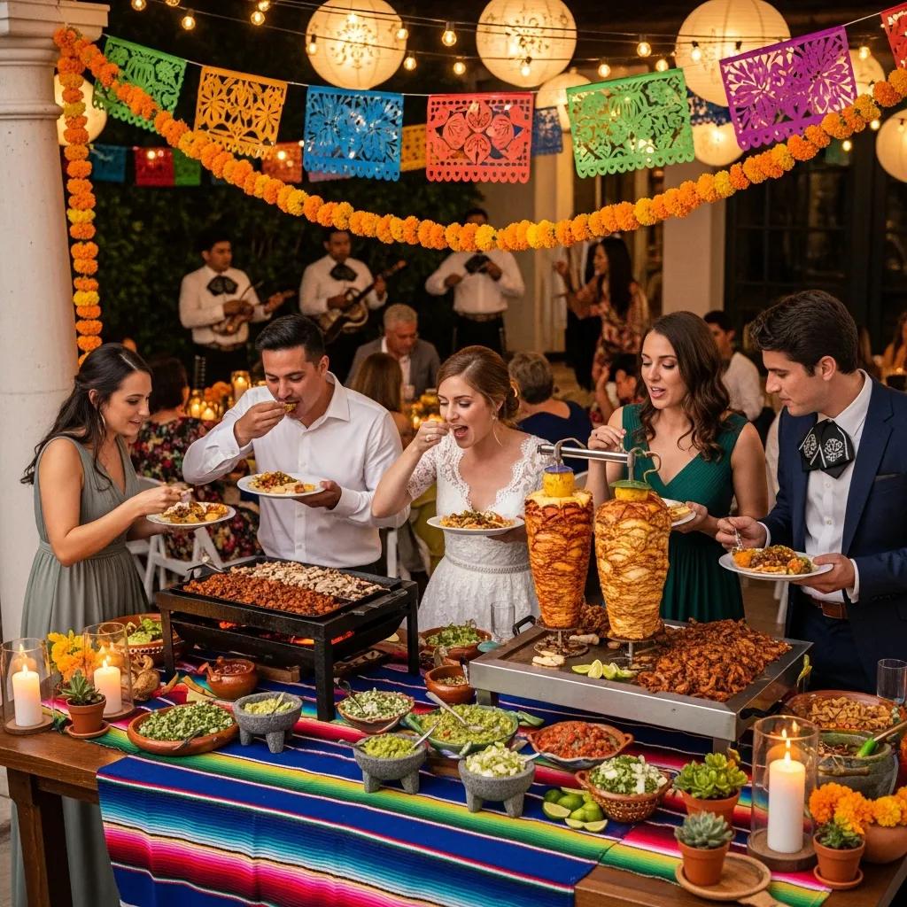 Wedding reception with a taco bar and guests enjoying Mexican catering in Eureka CA